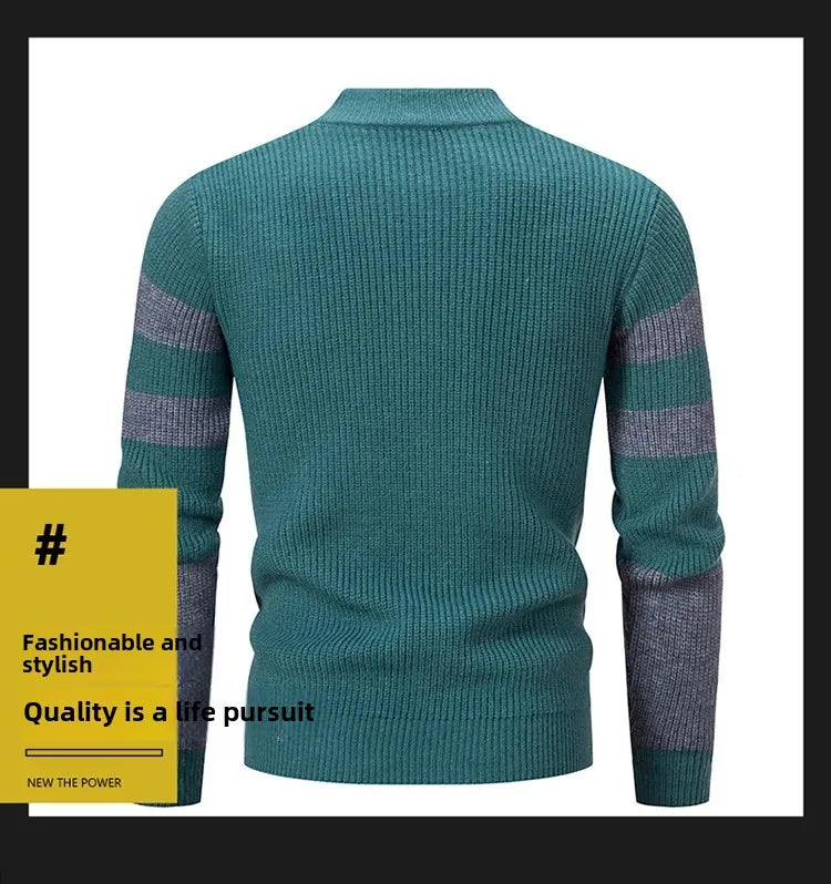Casual Knitted Sweater Half High Collar Men's Overhead Color Block Fashionable Korean Style Autumn Winter Top for Youth