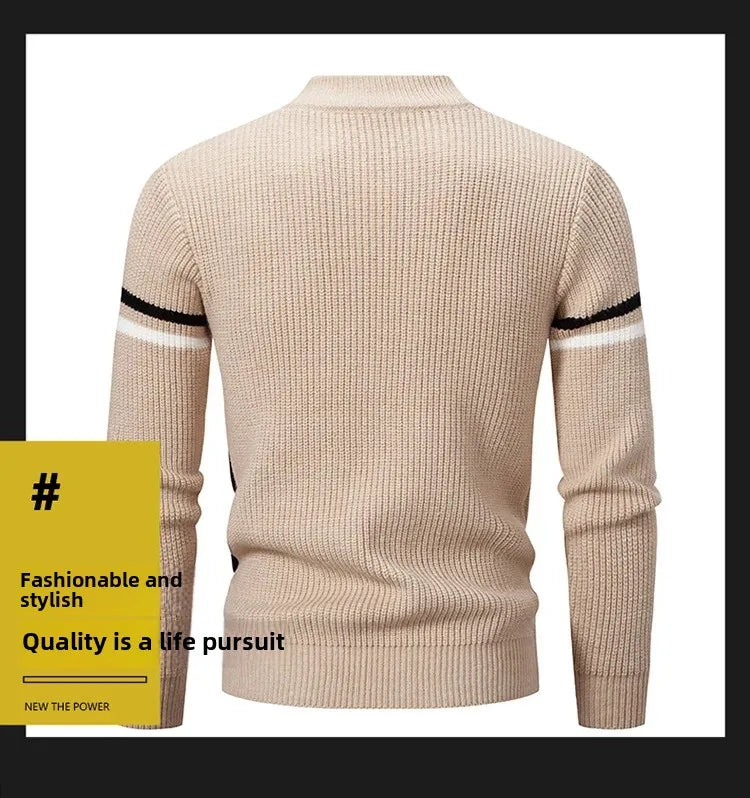Casual Knitted Sweater Half High Collar Men's Overhead Color Block Fashionable Korean Style Autumn Winter Top for Youth