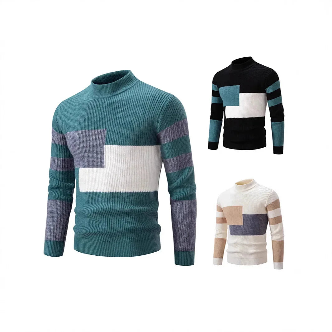Casual Knitted Sweater Half High Collar Men's Overhead Color Block Fashionable Korean Style Autumn Winter Top for Youth