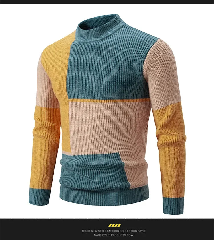 Casual Knitted Sweater Half High Collar Men's Overhead Color Block Fashionable Korean Style Autumn Winter Top for Youth