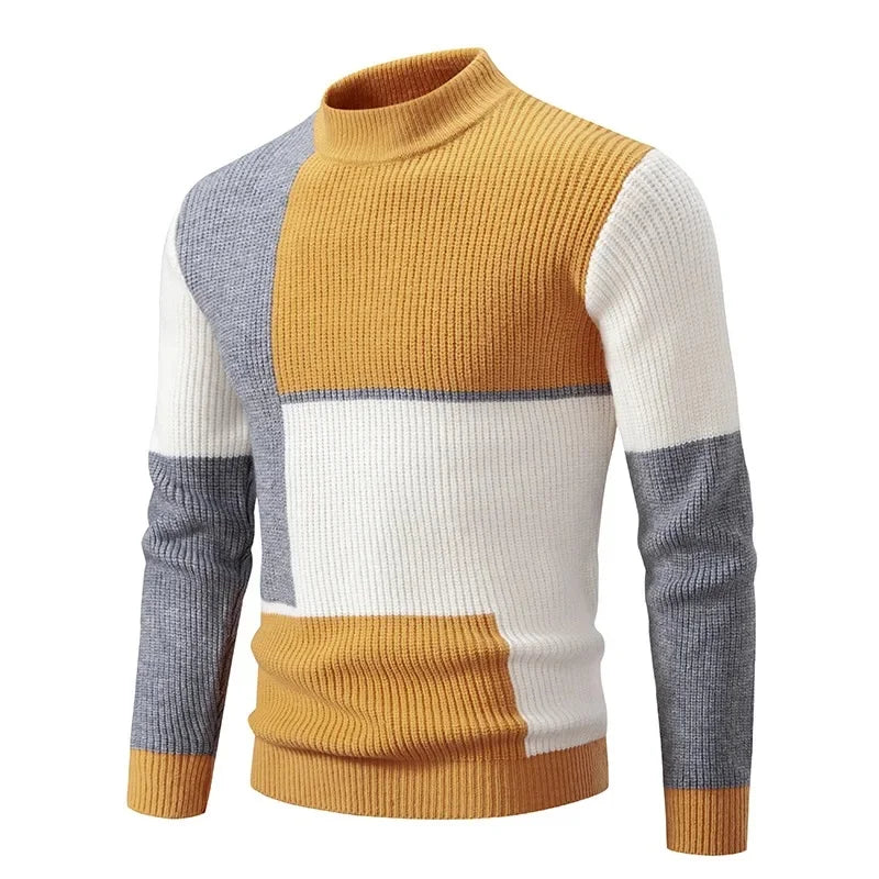 Casual Knitted Sweater Half High Collar Men's Overhead Color Block Fashionable Korean Style Autumn Winter Top for Youth