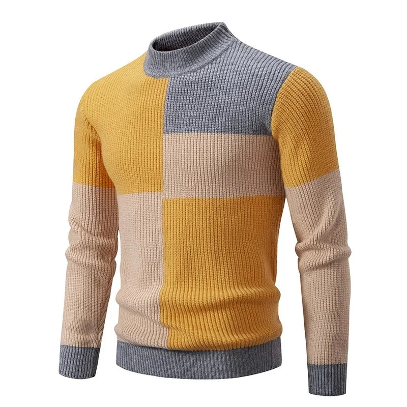 Casual Knitted Sweater Half High Collar Men's Overhead Color Block Fashionable Korean Style Autumn Winter Top for Youth