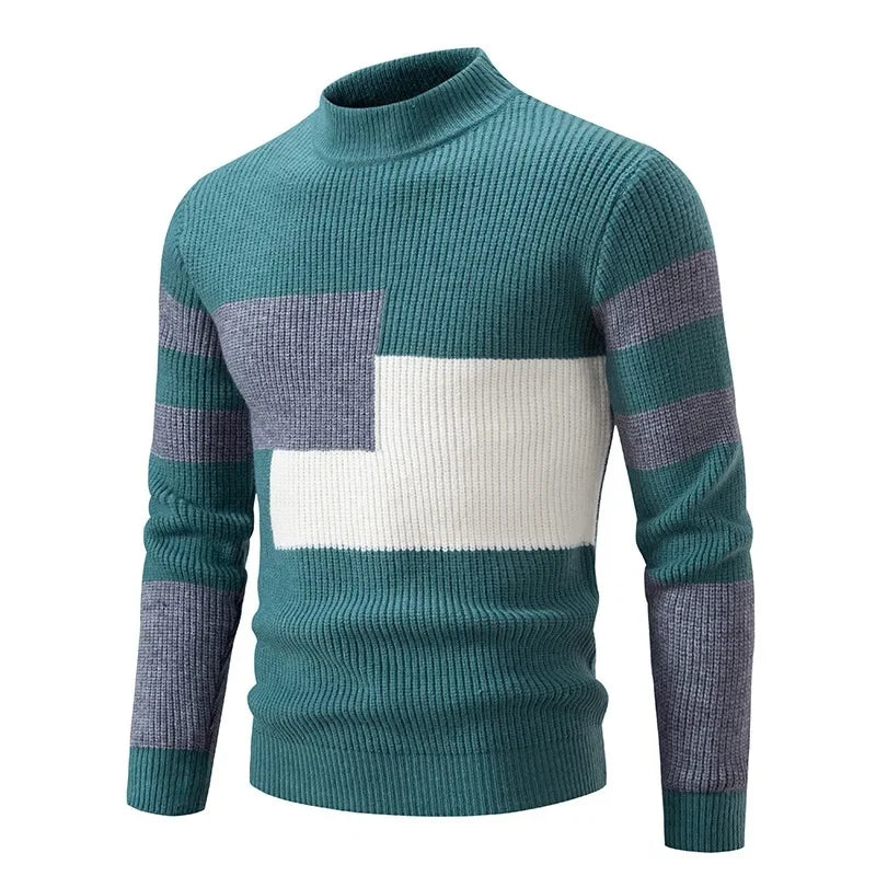 Casual Knitted Sweater Half High Collar Men's Overhead Color Block Fashionable Korean Style Autumn Winter Top for Youth