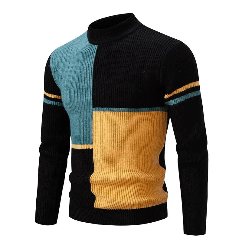 Casual Knitted Sweater Half High Collar Men's Overhead Color Block Fashionable Korean Style Autumn Winter Top for Youth