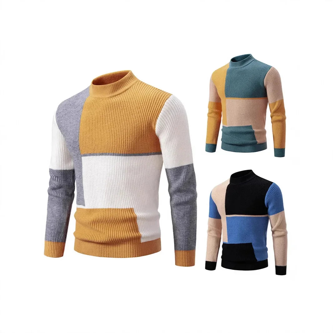 Casual Knitted Sweater Half High Collar Men's Overhead Color Block Fashionable Korean Style Autumn Winter Top for Youth