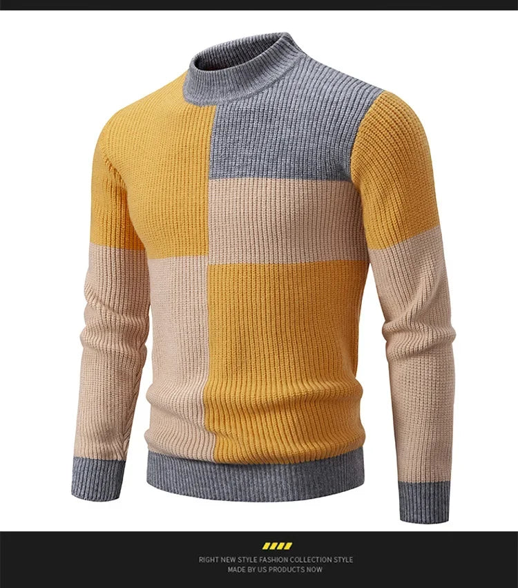 Casual Knitted Sweater Half High Collar Men's Overhead Color Block Fashionable Korean Style Autumn Winter Top for Youth