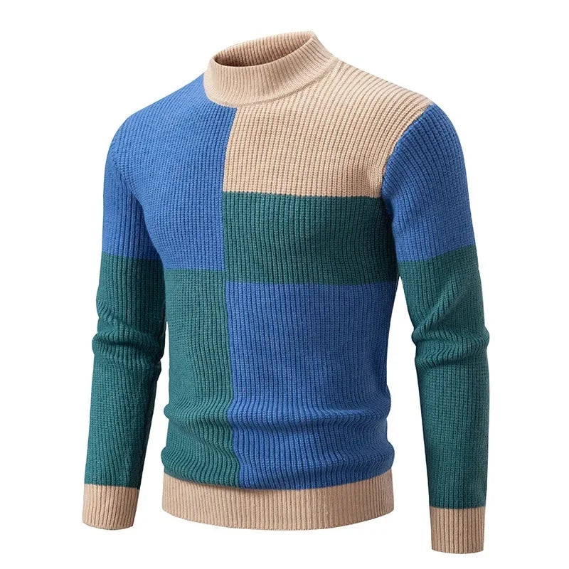 Casual Knitted Sweater Half High Collar Men's Overhead Color Block Fashionable Korean Style Autumn Winter Top for Youth