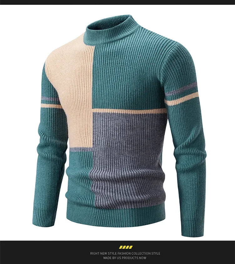 Casual Knitted Sweater Half High Collar Men's Overhead Color Block Fashionable Korean Style Autumn Winter Top for Youth