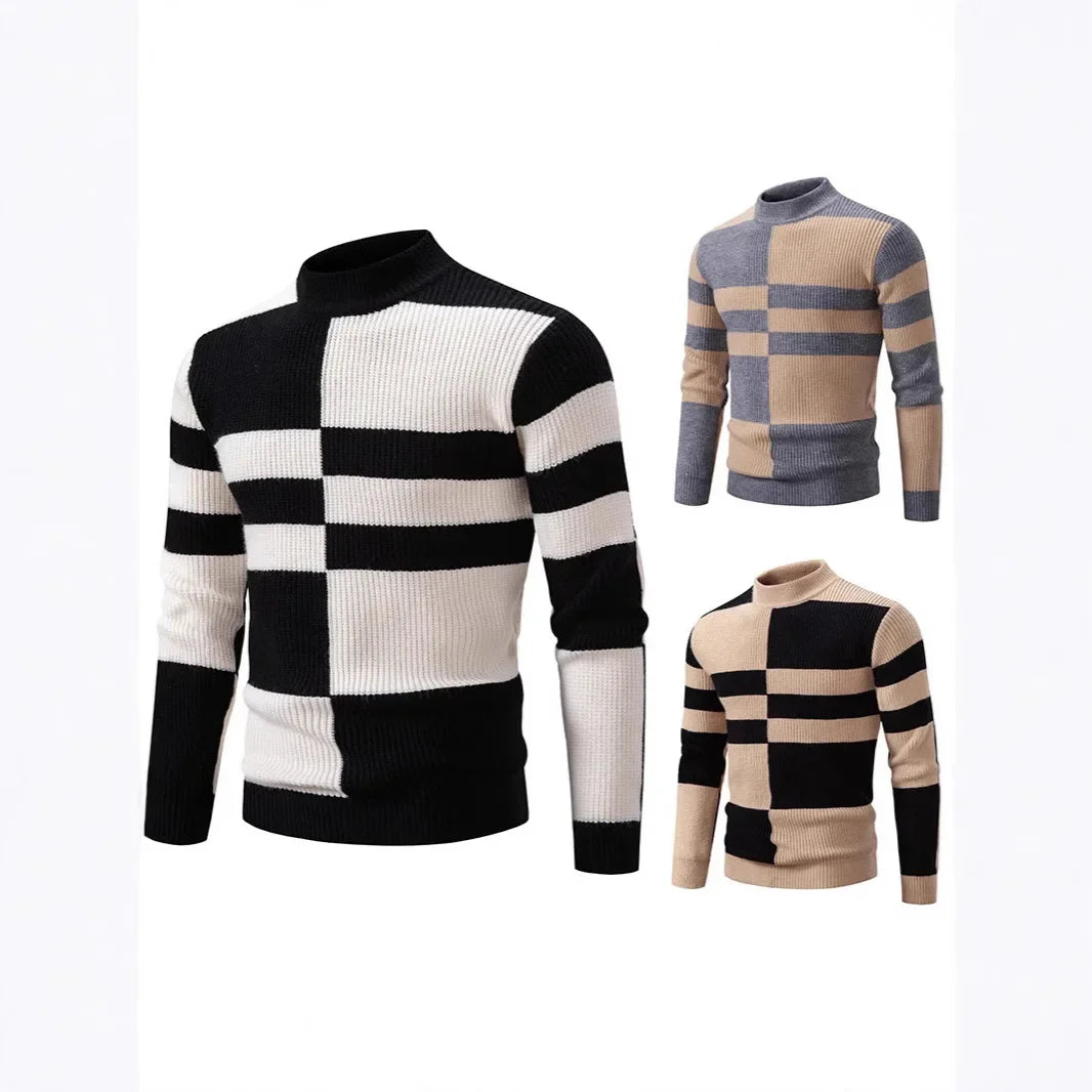Casual Knitted Sweater Half High Collar Men's Overhead Color Block Fashionable Korean Style Autumn Winter Top for Youth