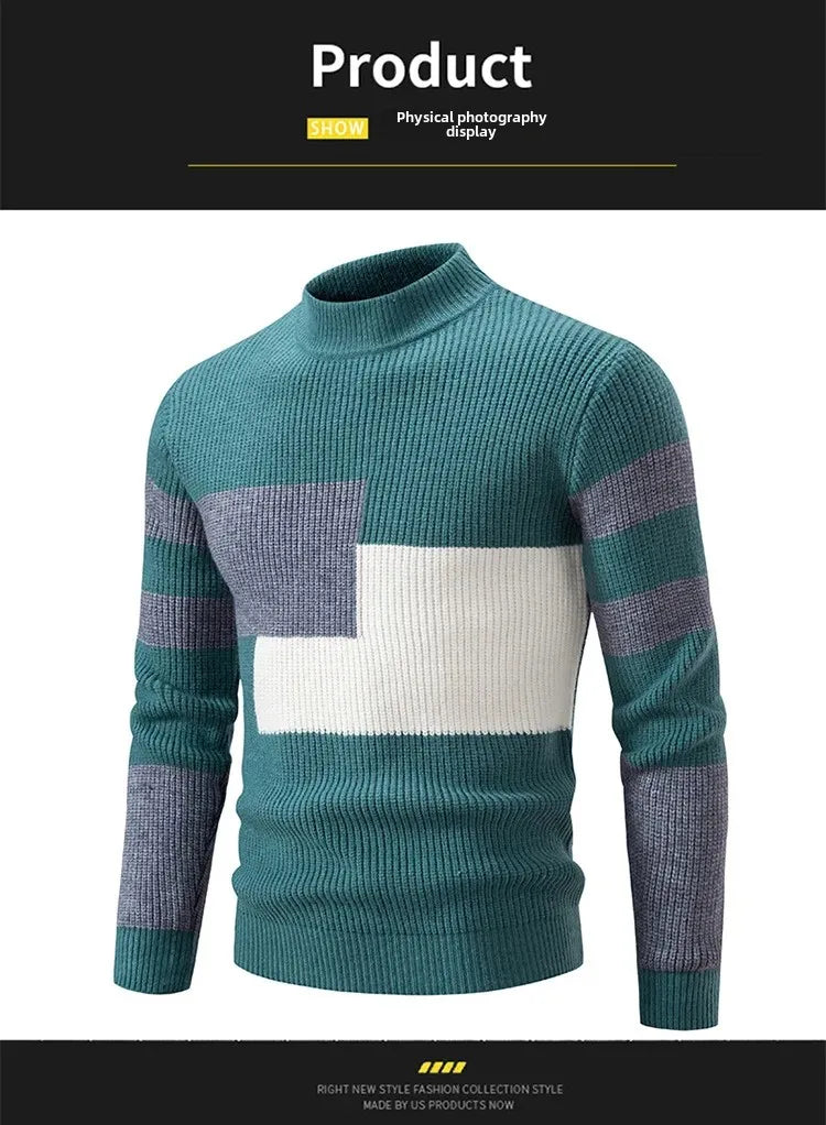 Casual Knitted Sweater Half High Collar Men's Overhead Color Block Fashionable Korean Style Autumn Winter Top for Youth