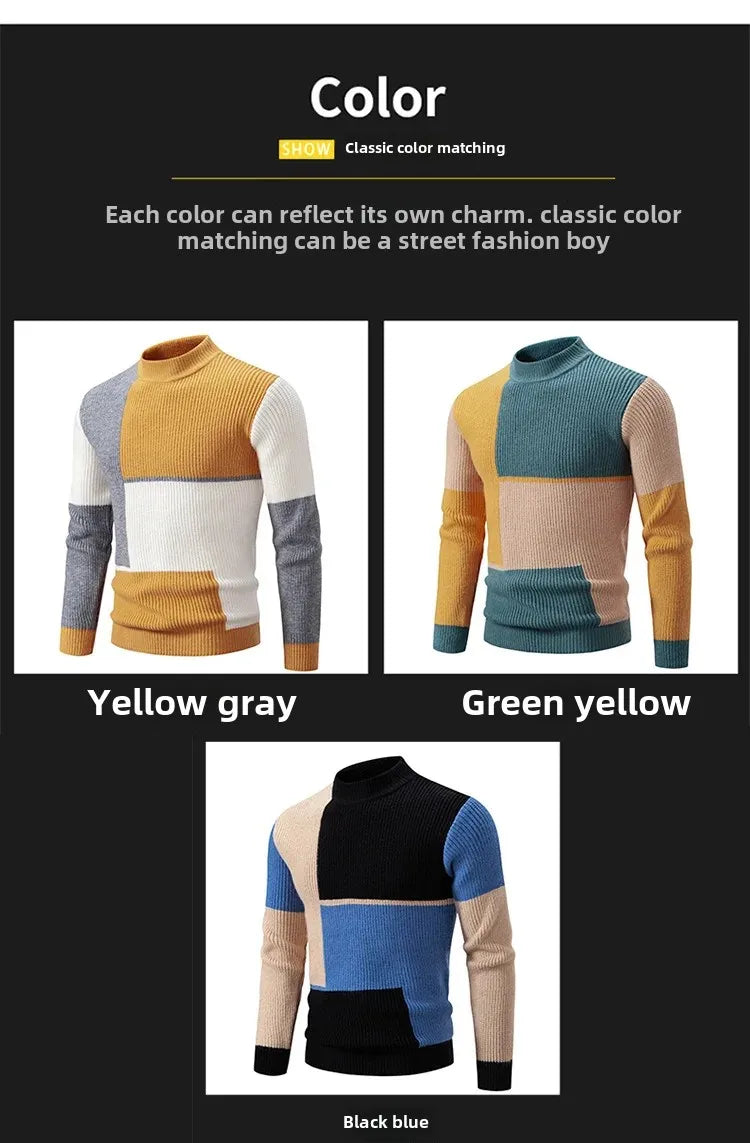 Casual Knitted Sweater Half High Collar Men's Overhead Color Block Fashionable Korean Style Autumn Winter Top for Youth