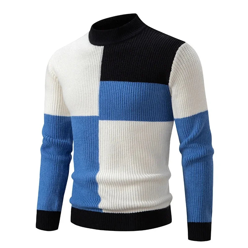 Casual Knitted Sweater Half High Collar Men's Overhead Color Block Fashionable Korean Style Autumn Winter Top for Youth