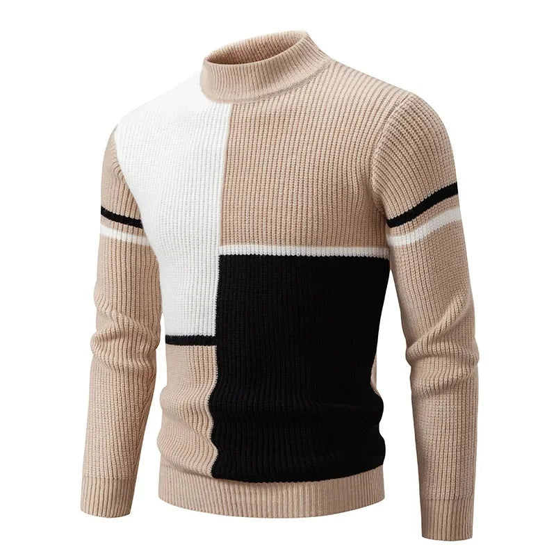 Casual Knitted Sweater Half High Collar Men's Overhead Color Block Fashionable Korean Style Autumn Winter Top for Youth
