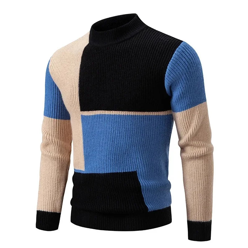 Casual Knitted Sweater Half High Collar Men's Overhead Color Block Fashionable Korean Style Autumn Winter Top for Youth