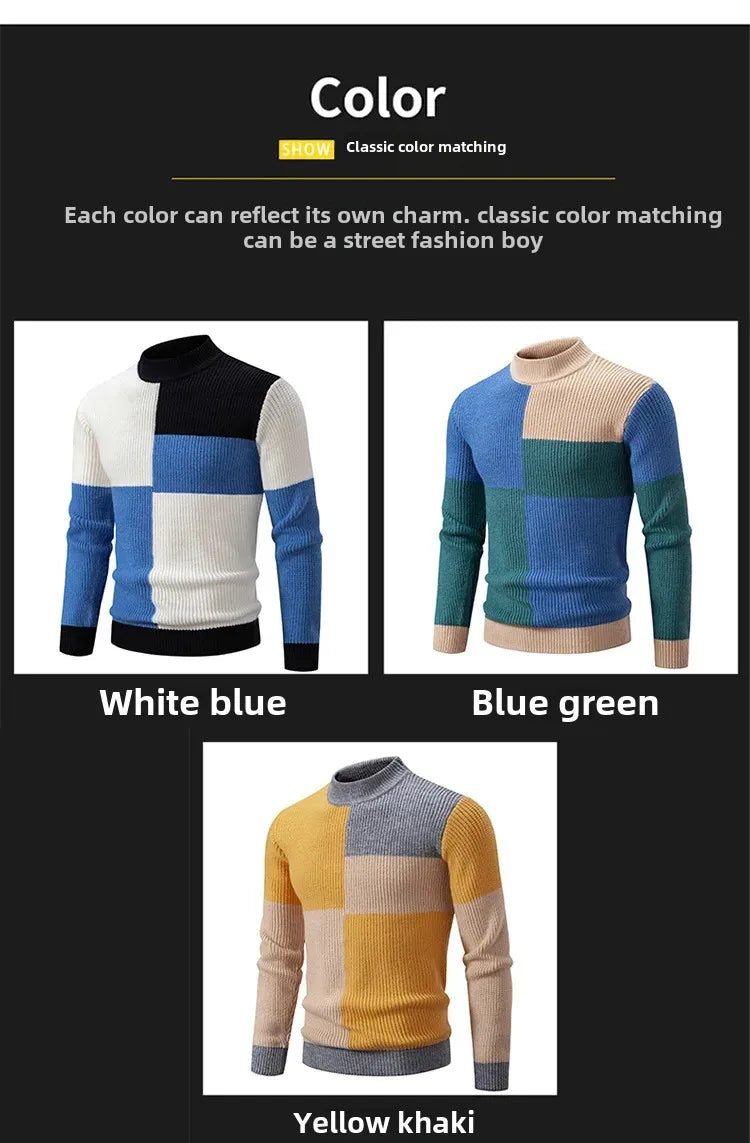 Casual Knitted Sweater Half High Collar Men's Overhead Color Block Fashionable Korean Style Autumn Winter Top for Youth