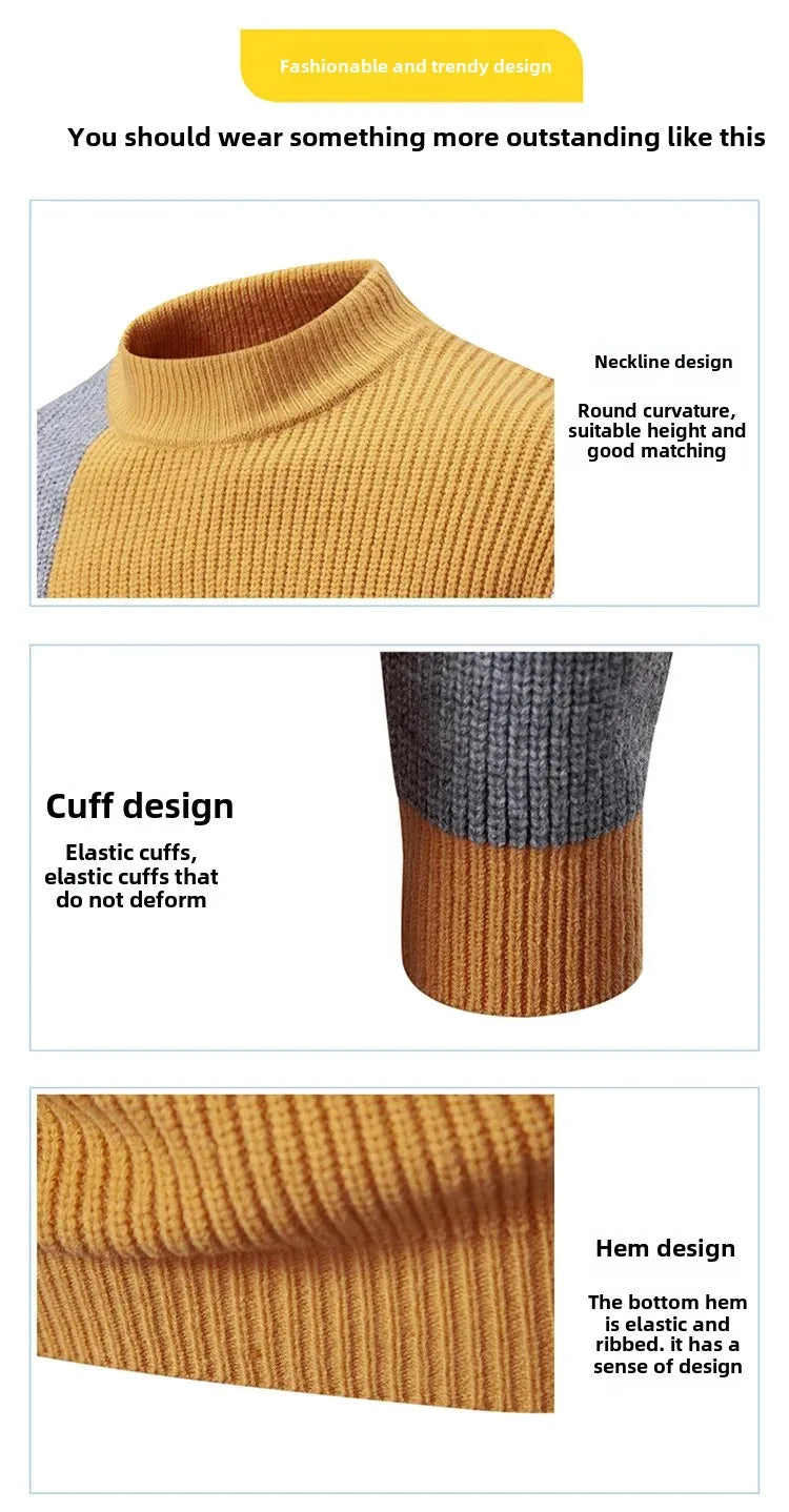 Casual Knitted Sweater Half High Collar Men's Overhead Color Block Fashionable Korean Style Autumn Winter Top for Youth