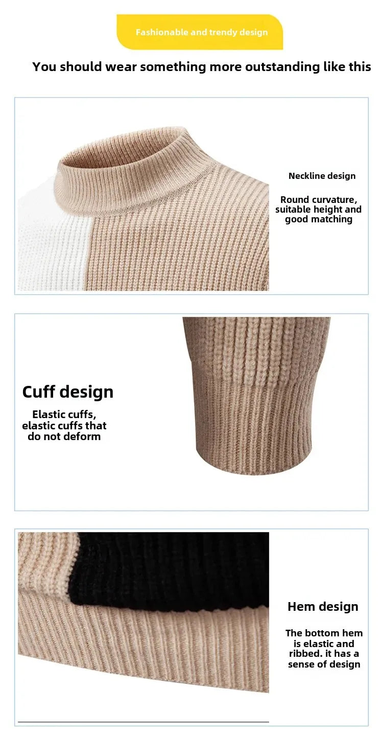 Casual Knitted Sweater Half High Collar Men's Overhead Color Block Fashionable Korean Style Autumn Winter Top for Youth