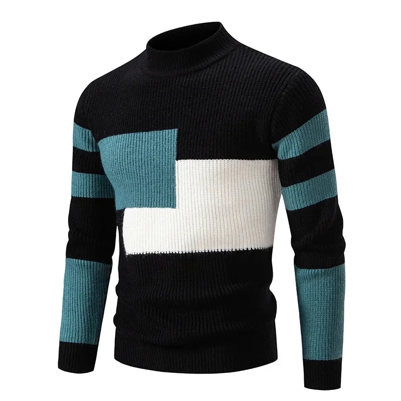 Casual Knitted Sweater Half High Collar Men's Overhead Color Block Fashionable Korean Style Autumn Winter Top for Youth