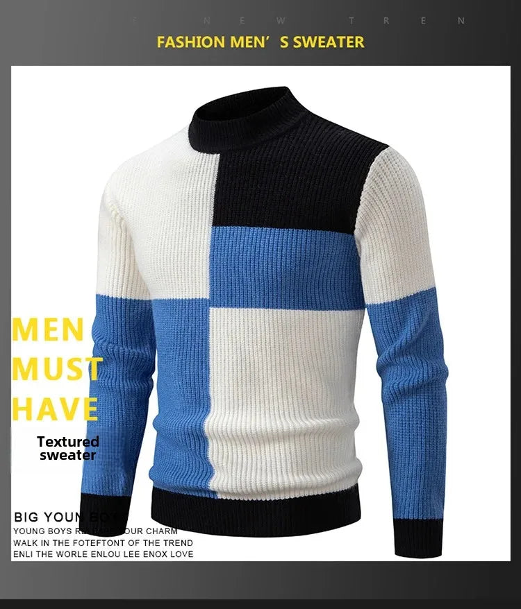 Casual Knitted Sweater Half High Collar Men's Overhead Color Block Fashionable Korean Style Autumn Winter Top for Youth