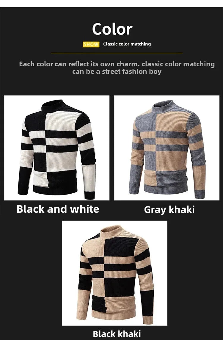 Casual Knitted Sweater Half High Collar Men's Overhead Color Block Fashionable Korean Style Autumn Winter Top for Youth