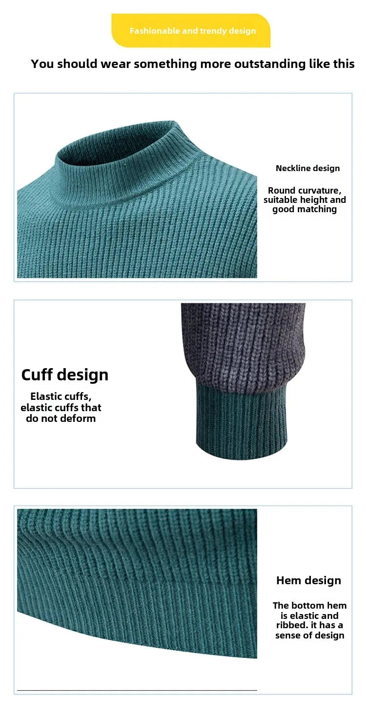 Casual Knitted Sweater Half High Collar Men's Overhead Color Block Fashionable Korean Style Autumn Winter Top for Youth