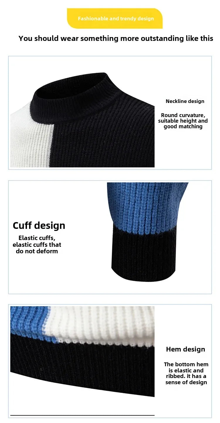 Casual Knitted Sweater Half High Collar Men's Overhead Color Block Fashionable Korean Style Autumn Winter Top for Youth