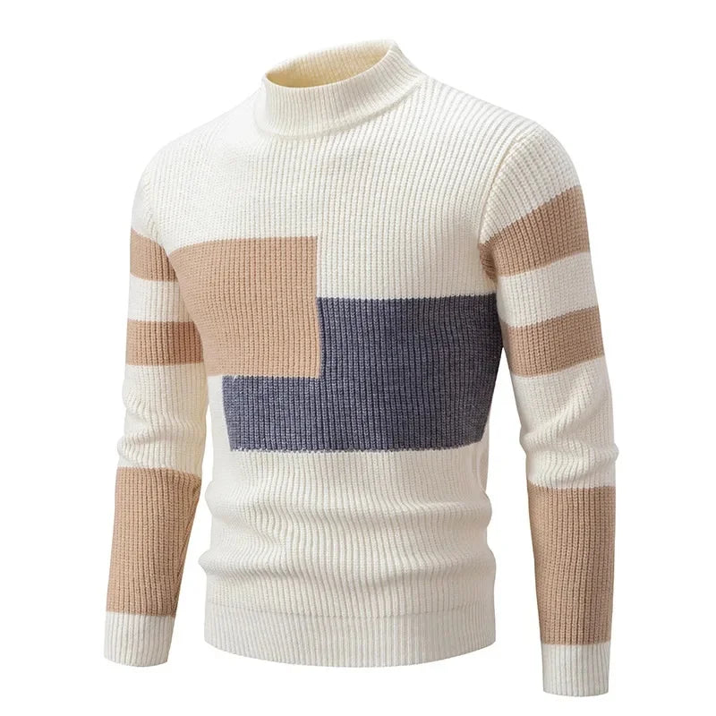 Casual Knitted Sweater Half High Collar Men's Overhead Color Block Fashionable Korean Style Autumn Winter Top for Youth