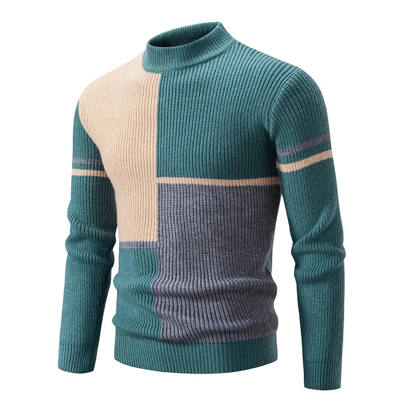 Casual Knitted Sweater Half High Collar Men's Overhead Color Block Fashionable Korean Style Autumn Winter Top for Youth