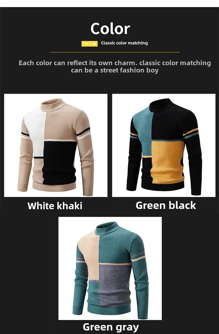 Casual Knitted Sweater Half High Collar Men's Overhead Color Block Fashionable Korean Style Autumn Winter Top for Youth