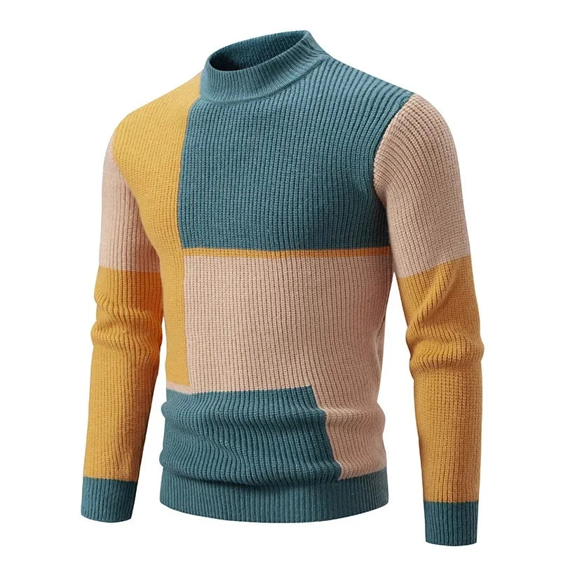 Casual Knitted Sweater Half High Collar Men's Overhead Color Block Fashionable Korean Style Autumn Winter Top for Youth