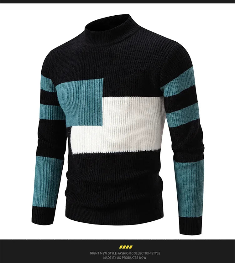 Casual Knitted Sweater Half High Collar Men's Overhead Color Block Fashionable Korean Style Autumn Winter Top for Youth