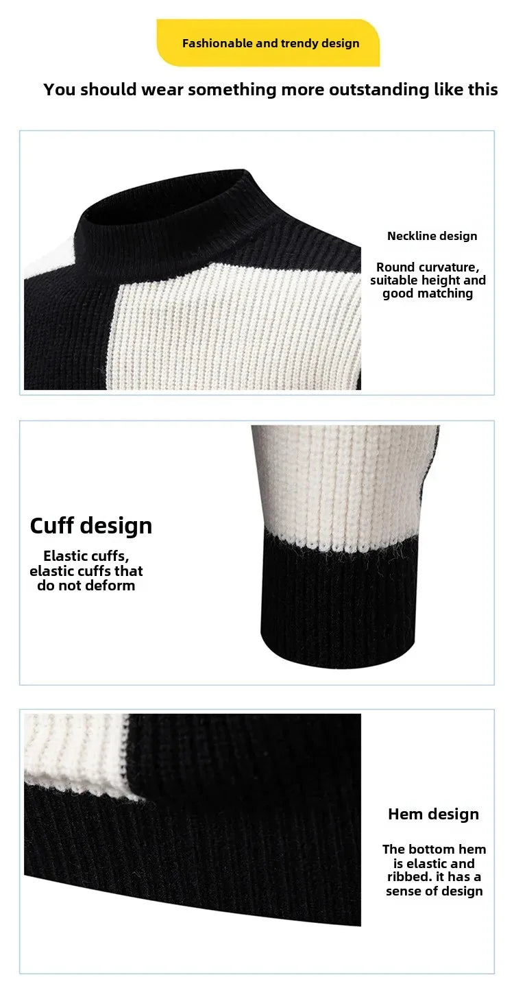 Casual Knitted Sweater Half High Collar Men's Overhead Color Block Fashionable Korean Style Autumn Winter Top for Youth