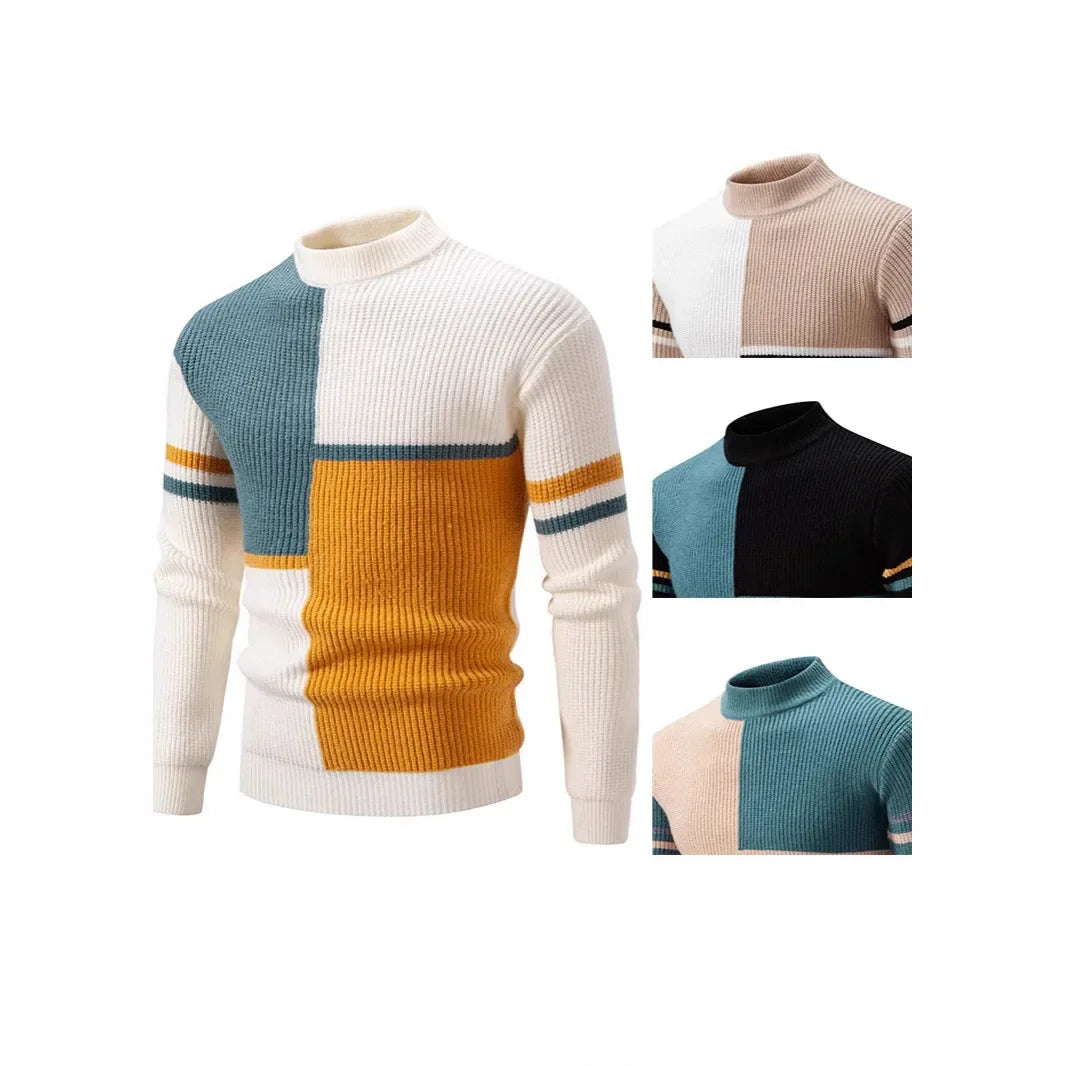 Casual Knitted Sweater Half High Collar Men's Overhead Color Block Fashionable Korean Style Autumn Winter Top for Youth