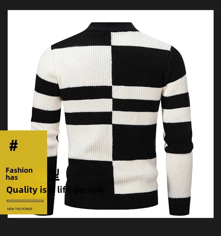 Casual Knitted Sweater Half High Collar Men's Overhead Color Block Fashionable Korean Style Autumn Winter Top for Youth