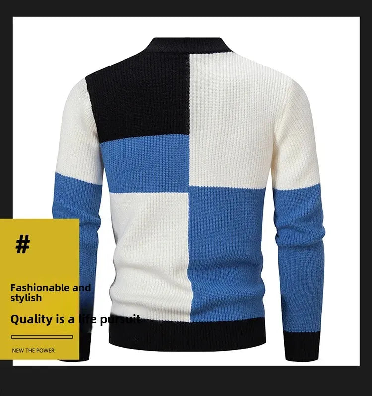 Casual Knitted Sweater Half High Collar Men's Overhead Color Block Fashionable Korean Style Autumn Winter Top for Youth