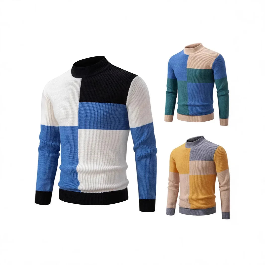 Casual Knitted Sweater Half High Collar Men's Overhead Color Block Fashionable Korean Style Autumn Winter Top for Youth