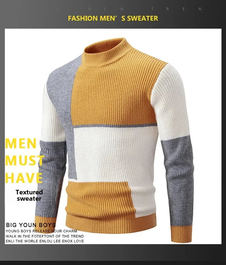 Casual Knitted Sweater Half High Collar Men's Overhead Color Block Fashionable Korean Style Autumn Winter Top for Youth