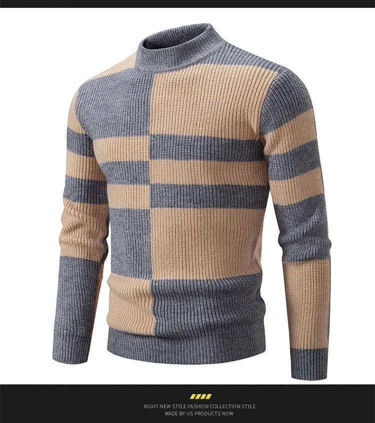 Casual Knitted Sweater Half High Collar Men's Overhead Color Block Fashionable Korean Style Autumn Winter Top for Youth