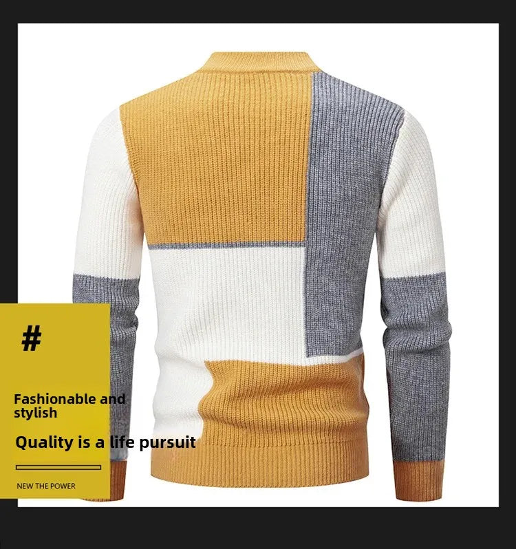 Casual Knitted Sweater Half High Collar Men's Overhead Color Block Fashionable Korean Style Autumn Winter Top for Youth