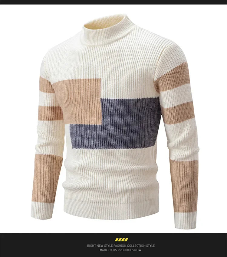 Casual Knitted Sweater Half High Collar Men's Overhead Color Block Fashionable Korean Style Autumn Winter Top for Youth