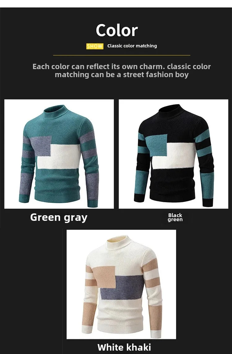 Casual Knitted Sweater Half High Collar Men's Overhead Color Block Fashionable Korean Style Autumn Winter Top for Youth