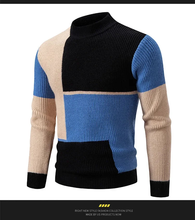 Casual Knitted Sweater Half High Collar Men's Overhead Color Block Fashionable Korean Style Autumn Winter Top for Youth