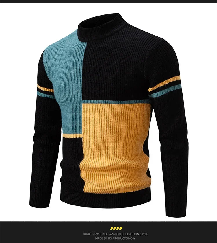 Casual Knitted Sweater Half High Collar Men's Overhead Color Block Fashionable Korean Style Autumn Winter Top for Youth