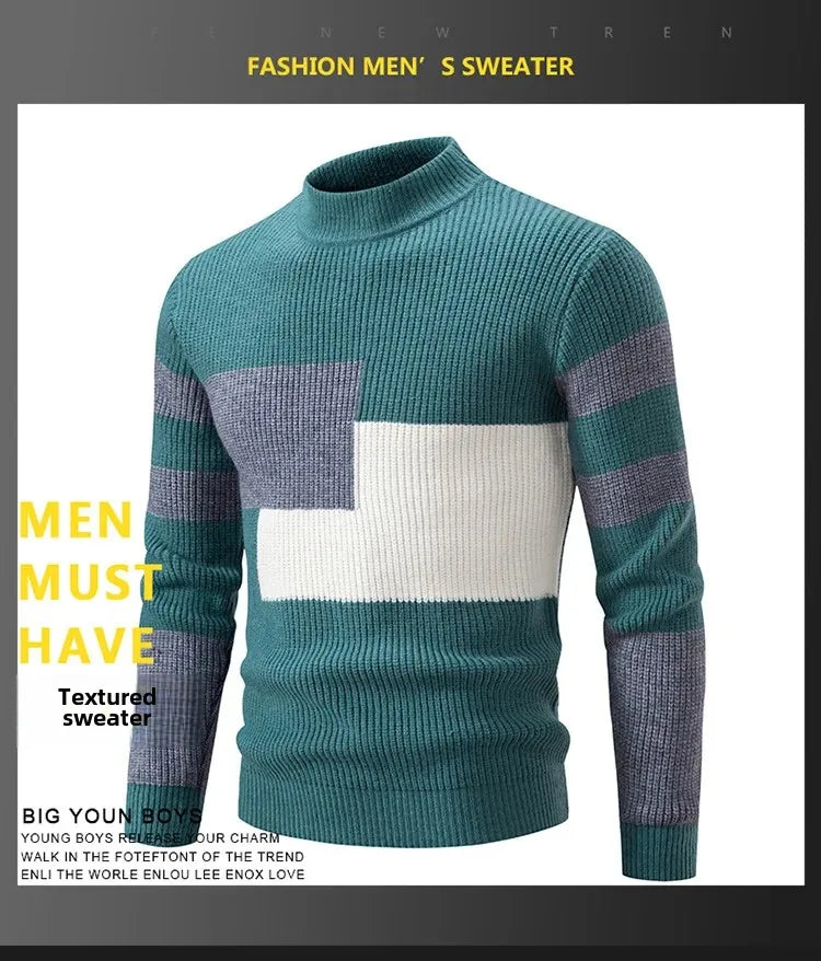 Casual Knitted Sweater Half High Collar Men's Overhead Color Block Fashionable Korean Style Autumn Winter Top for Youth