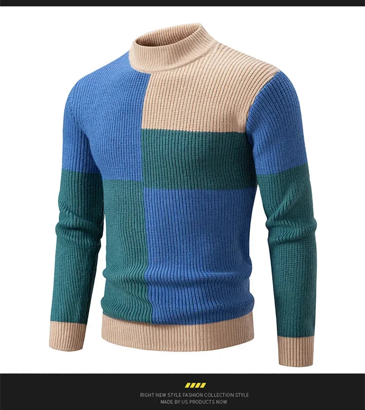 Casual Knitted Sweater Half High Collar Men's Overhead Color Block Fashionable Korean Style Autumn Winter Top for Youth