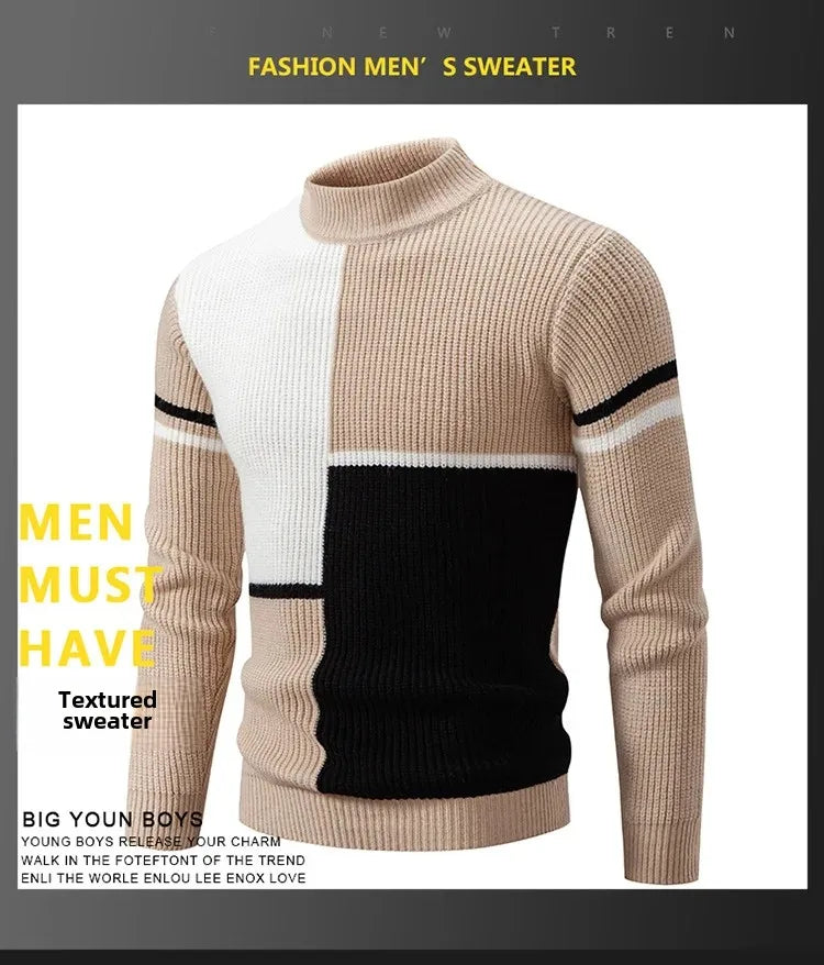 Casual Knitted Sweater Half High Collar Men's Overhead Color Block Fashionable Korean Style Autumn Winter Top for Youth
