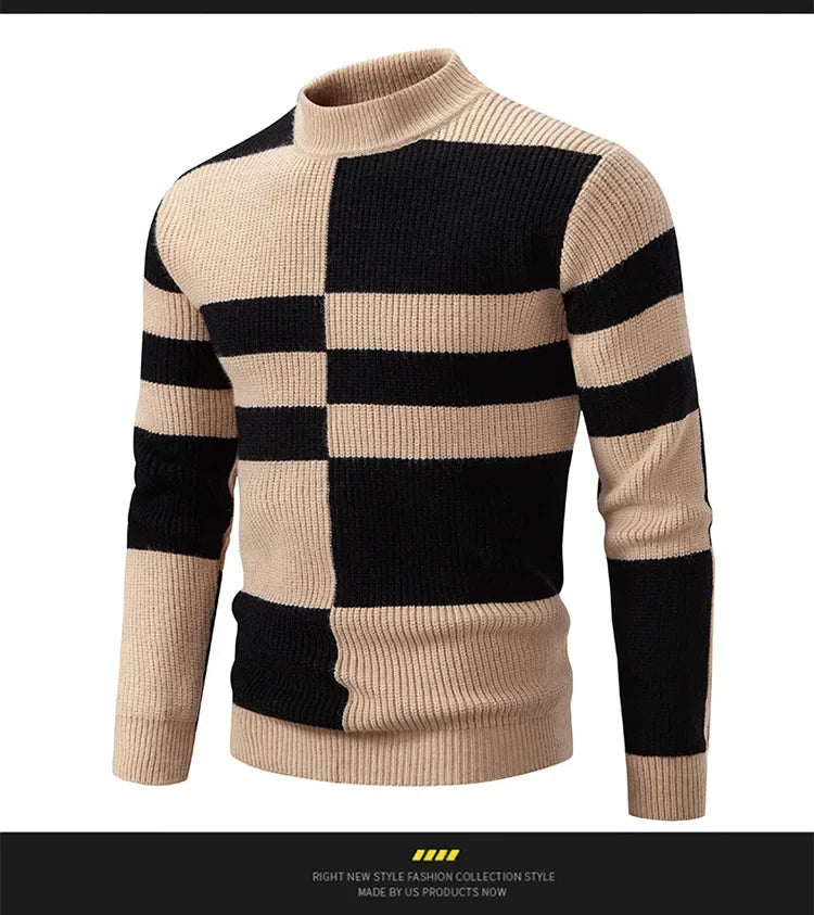 Casual Knitted Sweater Half High Collar Men's Overhead Color Block Fashionable Korean Style Autumn Winter Top for Youth