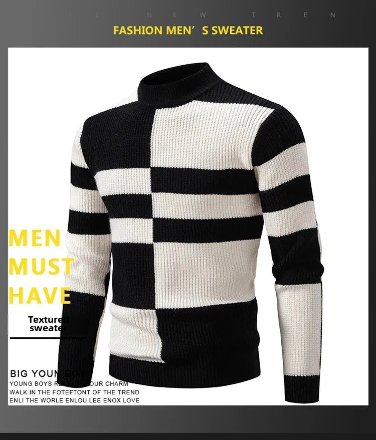 Casual Knitted Sweater Half High Collar Men's Overhead Color Block Fashionable Korean Style Autumn Winter Top for Youth